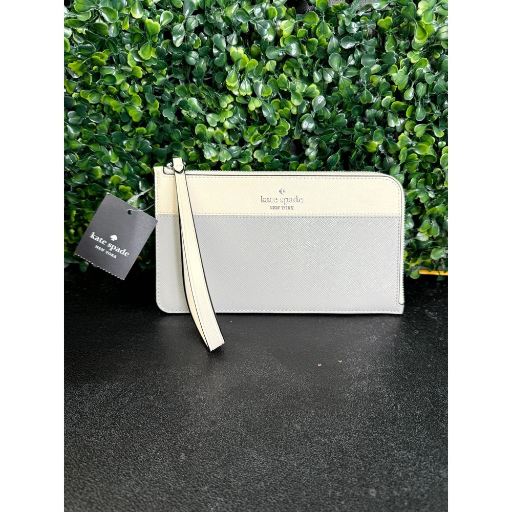 Kate Spade New York Lucy L-Zip Wristlet Wallet Women Gray Cream Saffiano Leather